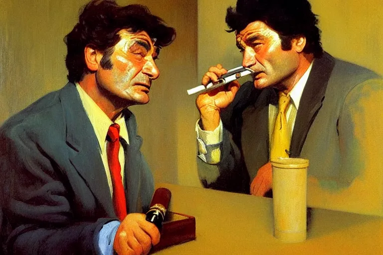 Image similar to police detective columbo ( played by young peter falk ) in his messy trenchcoat, smoking a cigar while rubbing his head. 1 9 8 0 s oil painting in the style of edward hopper and ilya repin gaston bussiere, craig mullins. warm colors. detailed and hyperrealistic.