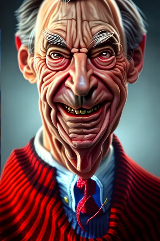 Prompt: hyper realistic portrait painting of evil mr. rogers as freddy krueger, painted by greg rutkowski, wlop, artgerm akoto shinkai trending on artstation