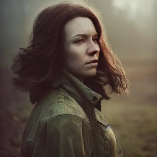 Prompt: fallout 5, charismatic beautiful rugged brunette female protagonist, portrait, outdoors foggy country road, atmospheric lighting, painted, intricate, volumetric lighting, beautiful, cold morning, overcast weather, sharp focus, deep colours, ultra detailed, by leesha hannigan, ross tran, thierry doizon, kai carpenter, ignacio fernandez rios