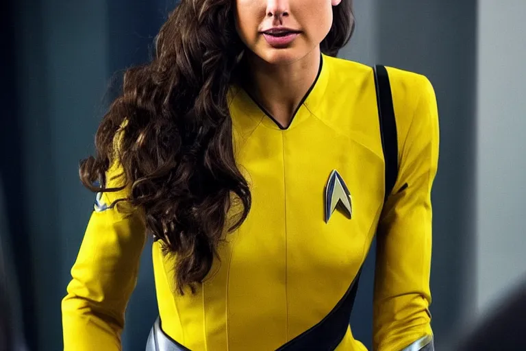 Image similar to Gal Gadot, wearing a yellow uniform, is the captain of the starship Enterprise in the new Star Trek movie