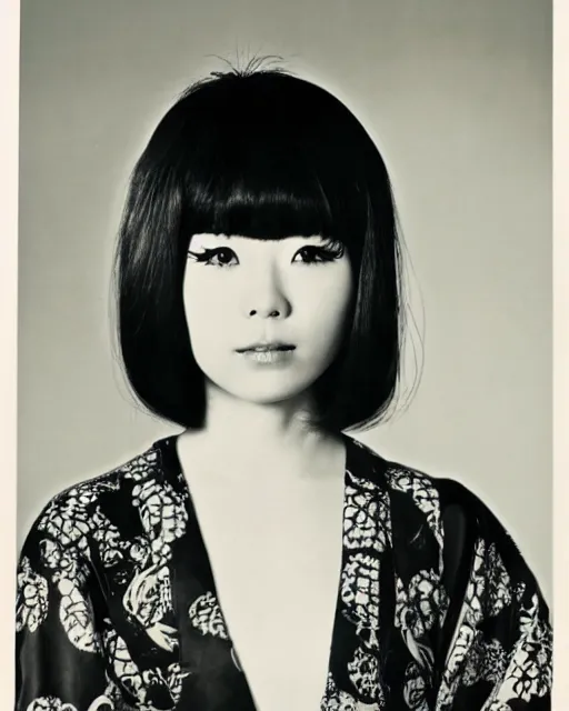 Prompt: photo of a trendy japanese woman with bangs in 1966, wearing an open kimono, artistic, black and white