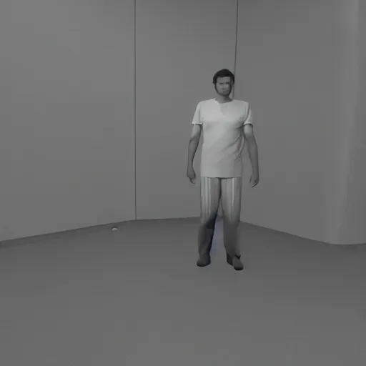 Image similar to 3 d render of jerma 9 8 5, jerma in a liminal space, non - euclidean space, endless halls of an office space, worn light mono - yellow 7 0 s wallpaper, old moist carpet, inconsistently - placed fluorescent lighting, high octane, blender, 3 d render