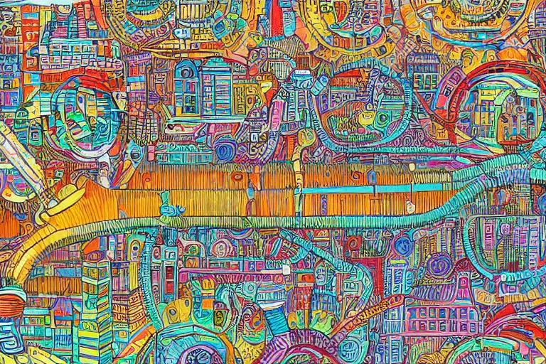 Image similar to an elaborate penned child illustration of a colorful intricate connected city of tubes and pipes, by martin handford and by jan van haasteren