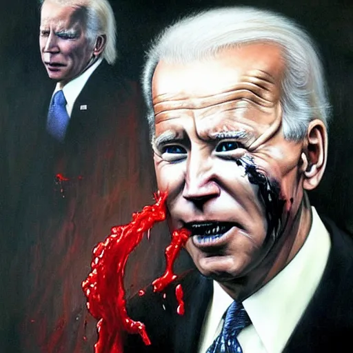 Image similar to presidential portrait of joe biden with oily black fluid pouring from mouth and nose as slenderman, medical diagram by beksinski, jon mcnaughton, and stephen gammell