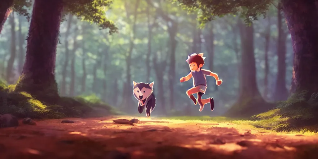 Image similar to a wholesome animation key shot of a cute wolf boy running through a forest, medium shot, waist up, studio ghibli, pixar and disney animation, sharp, rendered in unreal engine 5, anime key art by greg rutkowski, bloom, dramatic lighting