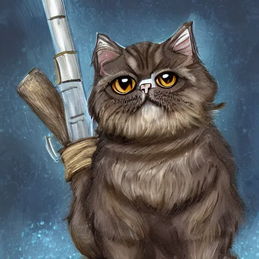 Image similar to a fantasy game portrait of a persian cat. the persian cat has a determined expression and is holding a bazooka. highly detailed and trending on art station.