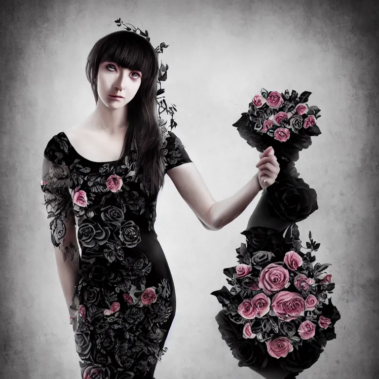 Image similar to hight focus of a wonderful realistic focused sweet wonderful symmetrical centered mid portrait of a lonely woman with a detailed wonderful, majestic, large semi transparent black cotton dress ornate with semi transparent black cotton roses, dramatic light, octane render, - 8 k