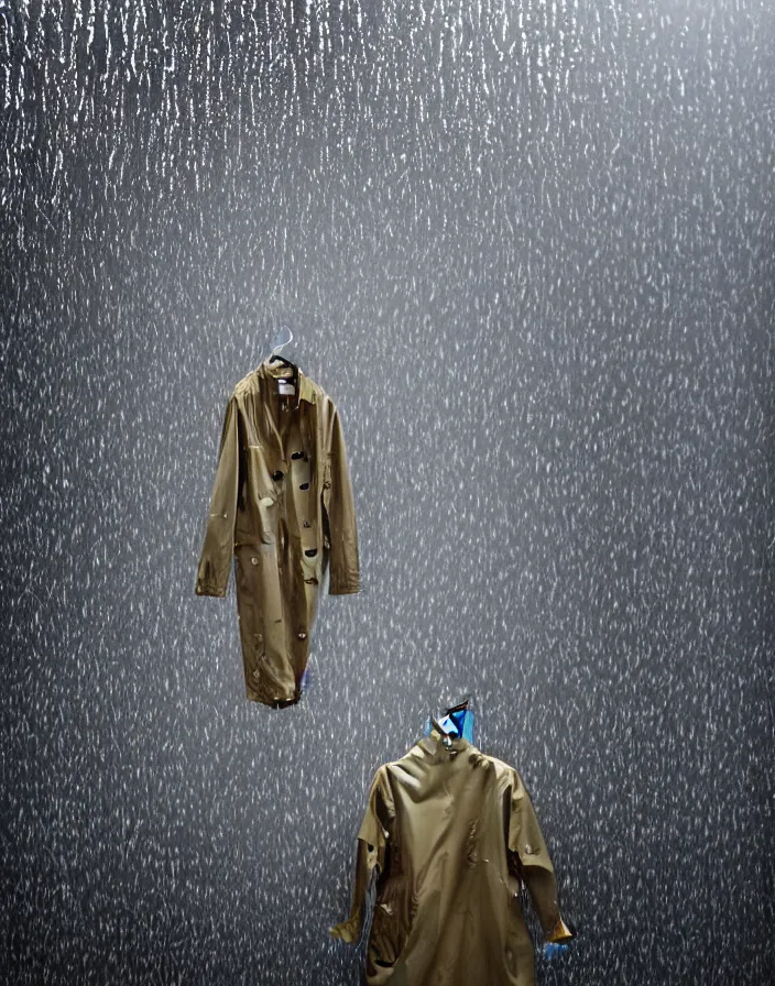 Image similar to close - up portrait of an empty slick fashionable zara raincoat floating suspended mid - air on a glittering rainy display designed by james terrell, wes anderson, symmetry, rule of thirds