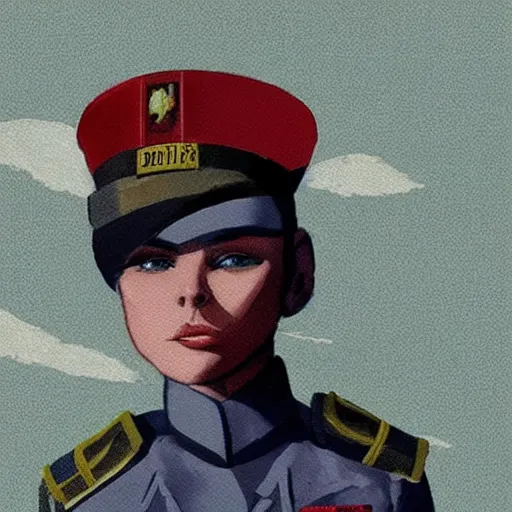 Image similar to girl in military uniform with short blue hair and sharp haircut in the style of Enki Bilal