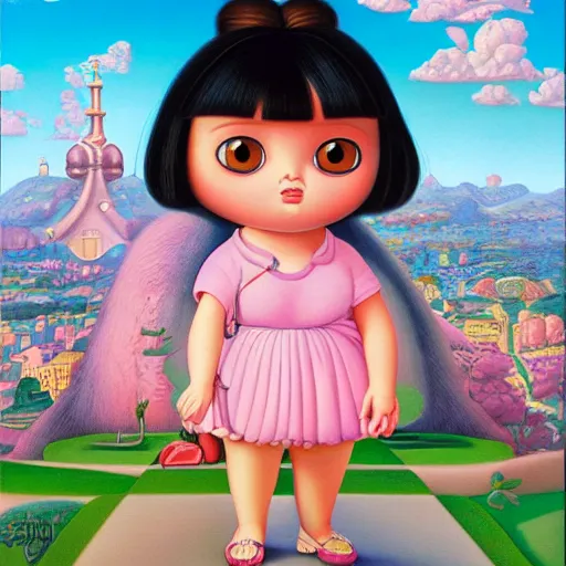 Prompt: portrait of real girl dora the explorer painted by fernando botero and mark ryden and hikari shimoda, lowbrow pop surrealism
