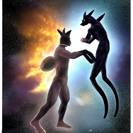 Image similar to umbreon fighting a 6'5 greek god, realistic, high detail,