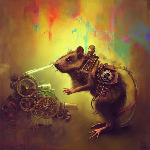 Image similar to steampunk rat, acid, 303, psychedelic, by ruan jia