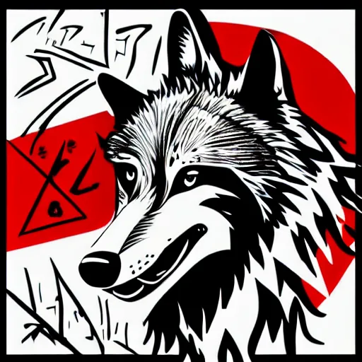 Image similar to vector illustration of a wolf with a mohawk gang tag graffiti, red and black, punk, spray smudge, masterpiece, banksy