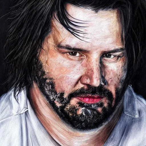 Prompt: A beautiful hyper realistic detailed concept art portrait of morbidly obese Keanu Reeves wearing a dirty white blazer, center framing, soft focus, natural lighting, f2, 50mm, hasselblad, film grain, portrait lighting, light leaks