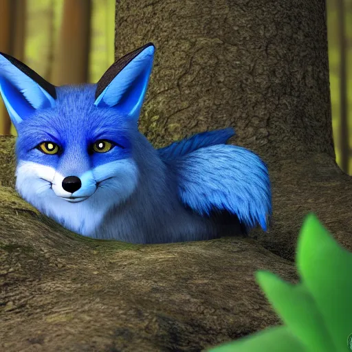 Prompt: A blue Fox in a lush forest, 8k, raytracing, hyper realistic, high detail,