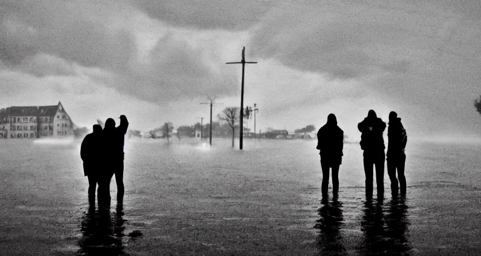 Image similar to the silhouette of 4 people standing in front of a small german town that's being flooded, stormy weather, moody lighting, medium full shot