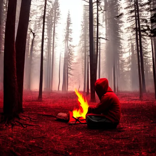 Prompt: a dark photo of a man in a red hoodie sitting next to a campfire in blood red forest, red sun in the background, low contrast, high resolution