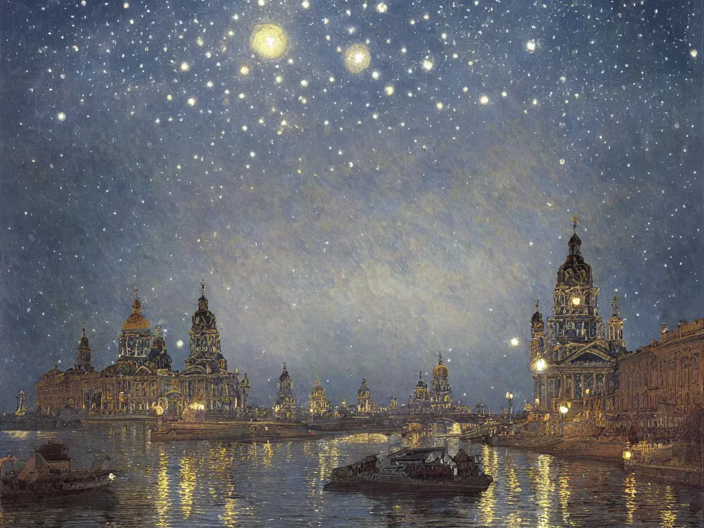 Image similar to a view from the neva river in saint petersburg at night with the sky full of stars, intricate, elegant, highly detailed, digital painting, artstation, concept art, smooth, sharp focus, colored illustration for tattoo, art by krenz cushart and artem demura and alphonse mucha,