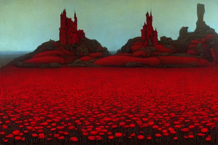 Image similar to only with red, red flowers of different types, a castle in the background, red orcs and trolls dance over the flowers, in the style of beksinski, part by hopper, part by rodcenko, part by hofbauer, intricate composition, red by caravaggio, insanely quality, highly detailed, masterpiece, red light, artstation