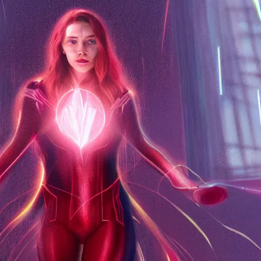 Prompt: movie still of scarlet witch creating a magical barrier made of red energy around herself, photorealistic art style, futurism aesthetic, artstation, cgsociety contest winner