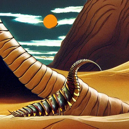 Prompt: a great composition of a scene portraying a desert with a giant sandworm from Dune
