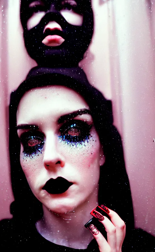 Prompt: cinestill 5 0 d candid photographic portrait by stanley kubrick of a feminine man wearing rugged black techwear and glitter goth girl makeup looking in the bathroom mirror, cramped new york apartment, extreme closeup, retrofuturism cyberpunk emotional cinematic, light and shadows, 8 k, hd, high resolution, 3 5 mm, f / 3 2, ultra realistic faces