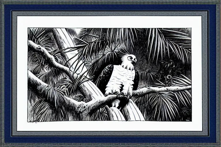 Image similar to harpy eagle framed photo, carl barks, cross hatching, high saturation