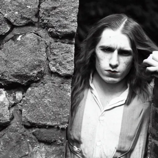 Prompt: An utterly terrified young man with long hair in 1930s attire cornered with his back against a stone wall. Scared look, panic, horror