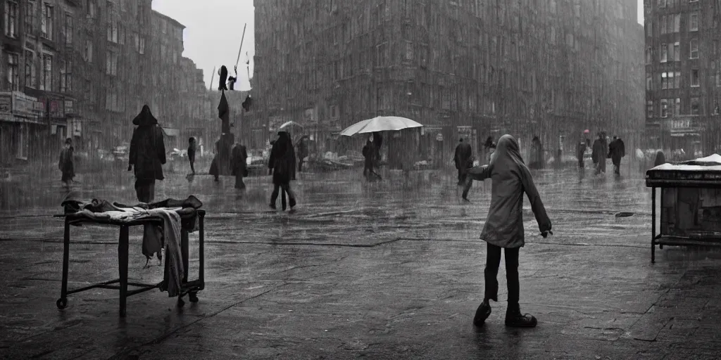 Image similar to medium shot | sadie sink in hoodie | lonely market stall selling umbrellas | in ruined square, pedestrians on both sides | steampunk tenement windows in background : 3 5 mm film, anamorphic, from schindler's list by steven spielberg. cyberpunk, cinematic atmosphere, detailed and intricate, perfect anatomy