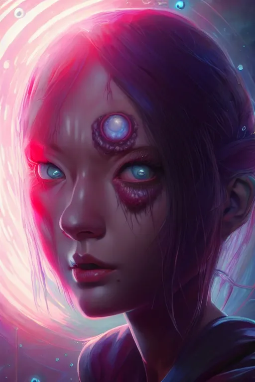 Image similar to azathoth girl save the earth, occlusion shadow, specular reflection, rim light, unreal engine, artgerm, artstation, art by hiroaki samura and ilya kuvshinov and ossdraws, intricate, highly detailed 8 k, cosmic horror illustration, extremely beautiful and aesthetic shape of face and body, movie poster