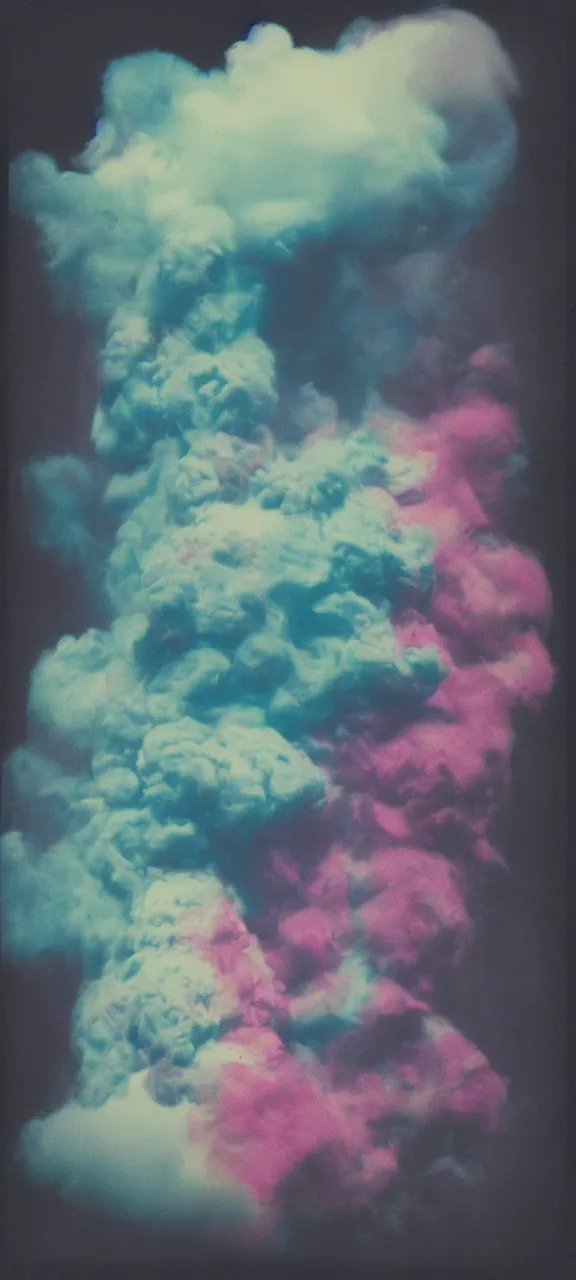 Image similar to polaroid of everything made from cotton candy, smoke, and clouds, mix, DADA collage, texture, lomography, fashion neon light in darkness