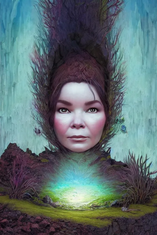 Image similar to beautiful bjork portrait in iceland by hubert robert and lee madgwick and roger dean and jacek yerka, dan mumford and alex grey style, soft lighting, 4 k hd wallpaper illustration concept joy atmospheric lighting