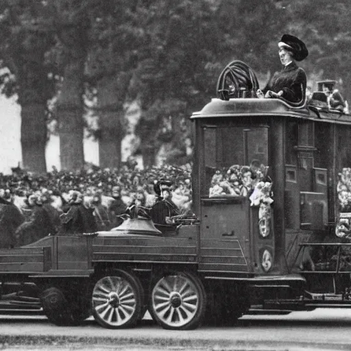 Image similar to queen victoria watching a parade of military vehicles, cloudy day