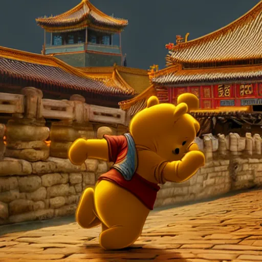 Prompt: winnie the pooh explores the forbidden city in china, award winning photography, extremely detailed artstation 8 k sensual lighting epic composition, weta pixar disney