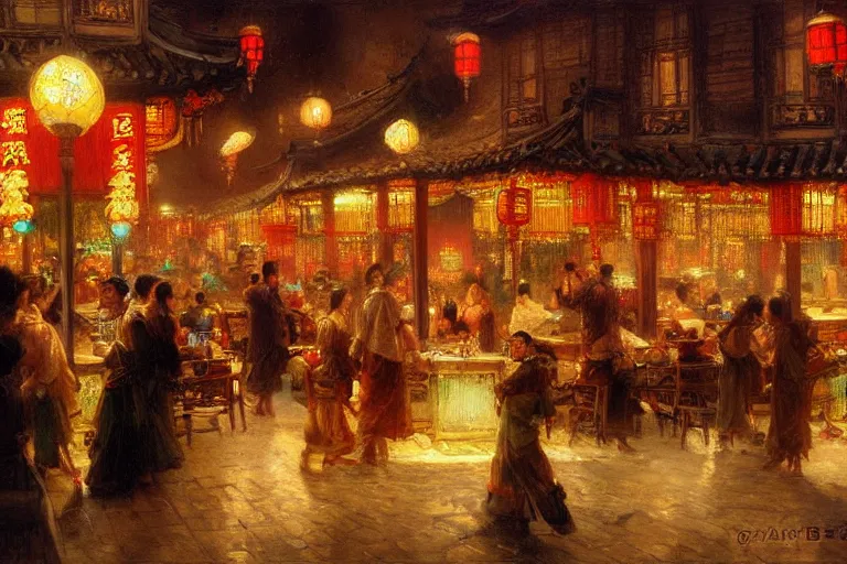 Image similar to fantasy art of a bustling tavern in china, at night, by gaston bussiere, highly detailed digital art, trending on artstation