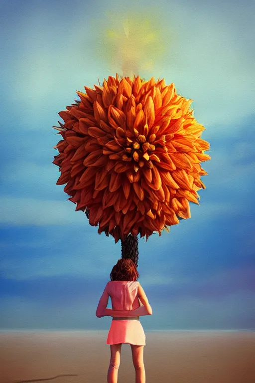 Image similar to closeup giant dahlia flower head, girl standing on beach, surreal photography, blue sky, sunrise, dramatic light, impressionist painting, digital painting, artstation, simon stalenhag