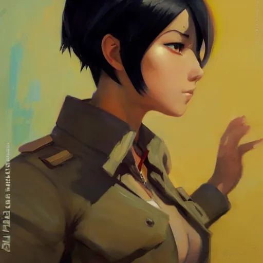 Image similar to greg manchess portrait painting of mikasa ackerman as overwatch character, medium shot, asymmetrical, profile picture, organic painting, sunny day, matte painting, bold shapes, hard edges, street art, trending on artstation, by huang guangjian and gil elvgren and sachin teng