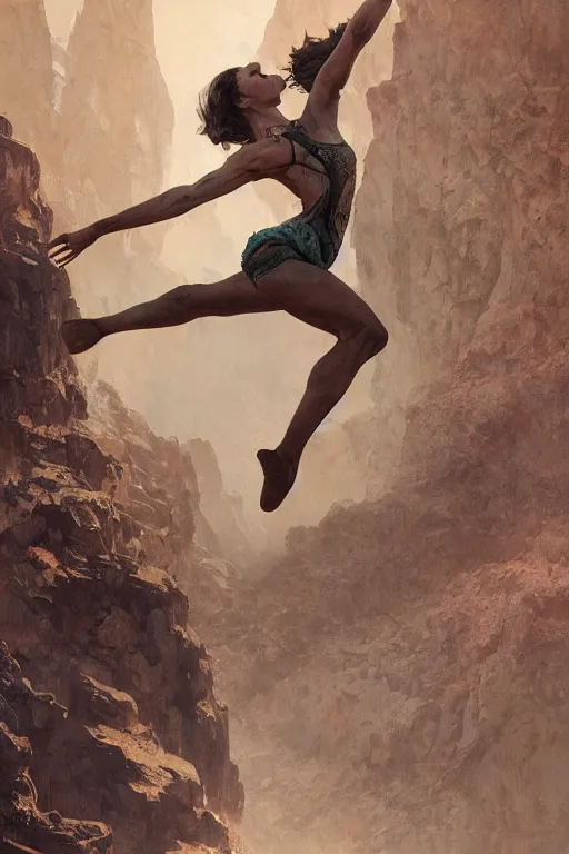 Image similar to a full body portrait of a beautiful post apocalyptic offworld desert gymnast leaping in ballet dance pose by the emerald oasis pools, intricate, elegant, highly detailed, digital painting, artstation, concept art, smooth, sharp focus, illustration, art by krenz cushart and artem demura and alphonse mucha