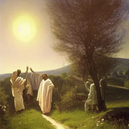 Image similar to A painting depicting the resurrection of Jesus Christ, (Jean Jules Linden), Peter Ilsted, (((flowers)))