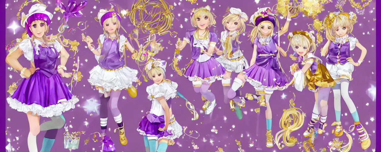 Prompt: A character sheet of full body cute magical girls with short blond hair wearing an oversized purple Beret, Purple overall shorts, Short Puffy pants made of silk, pointy jester shoes, a big billowy scarf, Golden Ribbon, and white leggings. Covered in stars. Short Hair. Decora Rainbow accessories all over. Gold Ribbon. Flowing fabric. Ruffles and lace. harajuku street fashion. Haute Couture. Baby the stars shine bright dress. Intricate, elegant, Highly Detailed. Smooth, Illustration Photo real. realistic. Hyper Realistic. Sunlit. Moonlight. Dreamlike. Surrounded by clouds. 4K. UHD. Denoise. Art by william-adolphe bouguereau and Paul Delaroche and Alexandre Cabanel and Lawrence Alma-Tadema and WLOP and Artgerm. baroque painting.