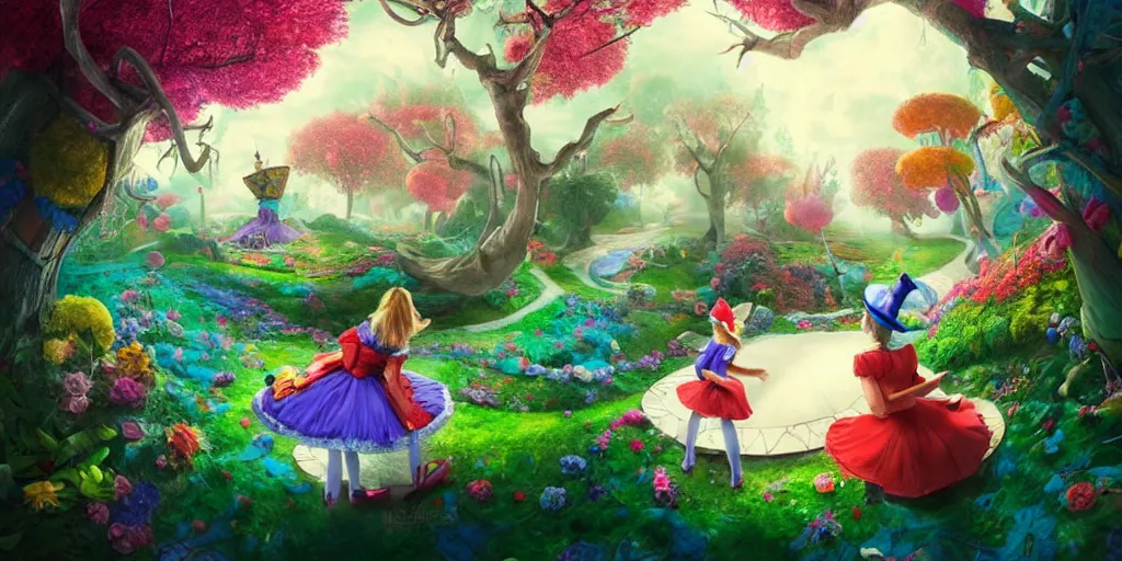 Image similar to Alice in Wonderland, falling down the rabbit hole, colorful, wide angle, super highly detailed, professional digital painting, artstation, concept art, smooth, sharp focus, no blur, no dof, extreme illustration, Unreal Engine 5, Photorealism, HD quality, 8k resolution, cinema 4d, 3D, beautiful, cinematic, art by artgerm and greg rutkowski and alphonse mucha and loish and WLOP