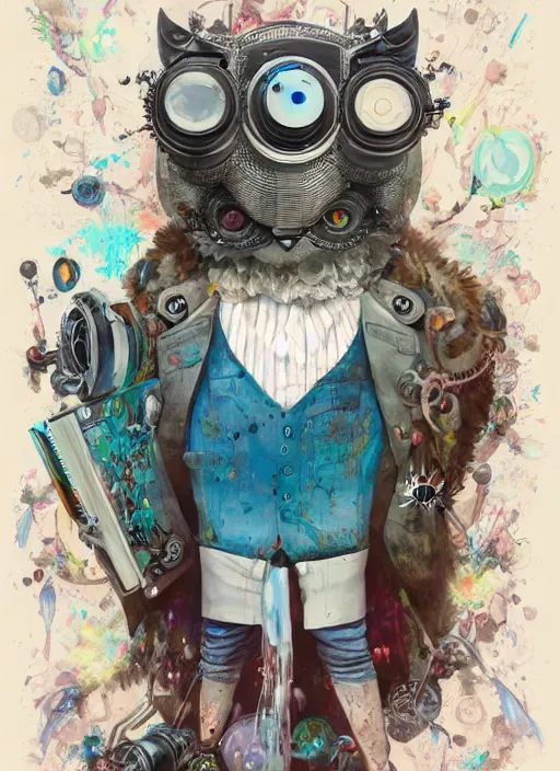 Image similar to anthropomorphic wise wealthy white - owl travels through time via steampunk portals, pixiv fanbox, dramatic lighting, maximalist pastel color palette, splatter paint, pixar and disney exploded - view drawing, graphic novel by fiona staples and dustin nguyen, peter elson, alan bean, wangechi mutu, clean cel shaded vector art, trending on artstation