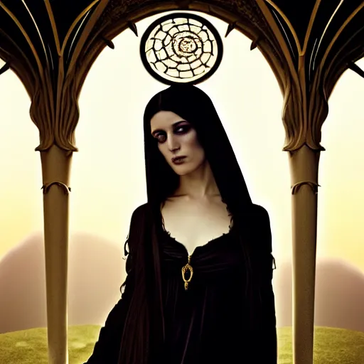 Image similar to photographic portrait of a stunningly beautiful gothic hermetic order of the golden dawn art nouveau female in soft dreamy light at sunset, contemporary fashion shoot, by edward robert hughes, annie leibovitz and steve mccurry, david lazar, jimmy nelsson, breathtaking, 8 k resolution, extremely detailed, beautiful, establishing shot, artistic, hyperrealistic, beautiful face, octane render