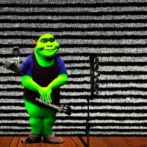 Image similar to Shrek performing Never Gonna Give You Up, singing into a microphone while dancing, black suit, striped shirt, light background, full color photograph, 4k