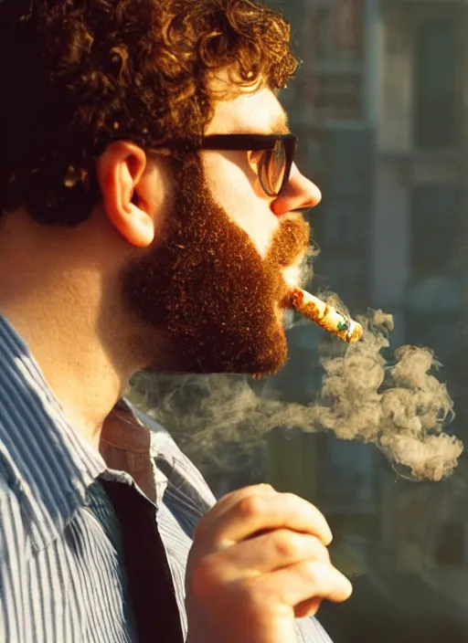 Image similar to photorealistic photograph of seth rogan smoking a joint, 3 5 mm film, fuji, leica s, nyc, in the style of fashion photography, intricate, golden hour sunlight, kodachrome