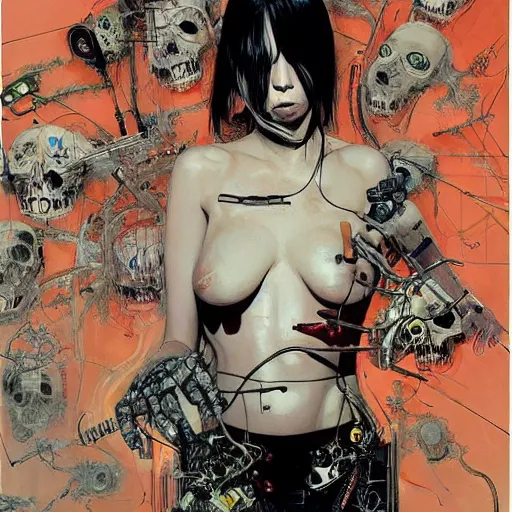 Image similar to olivia munn as a cyberpunk noir detective, skulls, wires cybernetic implants, machine noir grimcore, in the style of adrian ghenie esao andrews jenny saville surrealism dark art by james jean takato yamamoto and by ashley wood and mike mignola