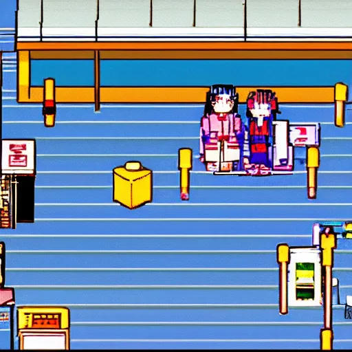 Prompt: inside airport, commodore 6 4 demo, 8 0 s anime vibe, in the style of kimagure orange road, studio ghibli