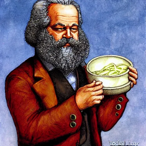 Prompt: Karl Marx pondering his Shawarma by Todd Lockwood