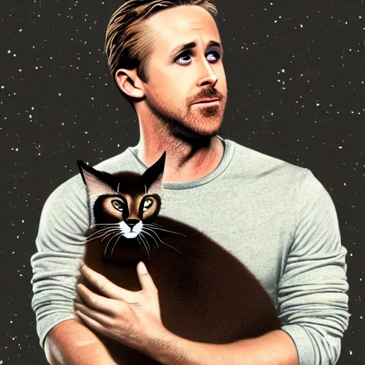 Image similar to Ryan Gosling holds a caracal cat in his hands against the backdrop of the Eiffel Tower, ultra highly detailed, smooth, sharp focus, digital art, digital painting, fan art, elegant, artstation