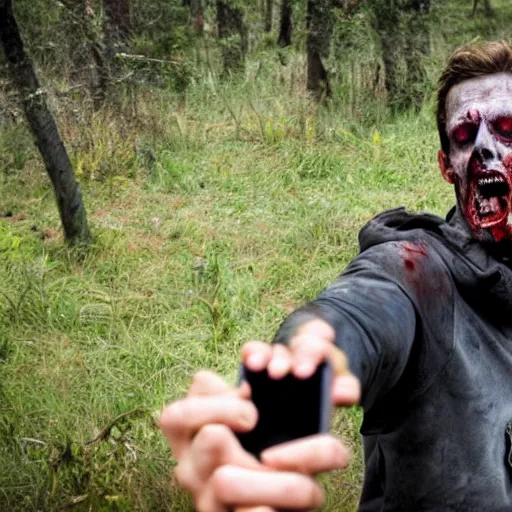 Prompt: a man taking a selfie in a zombie apocalypse